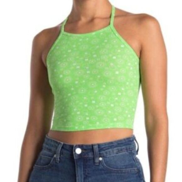 BP Halter Crop Top Neon Green Frosty Follard Floral Print Casual Neutral - Picture 1 of 10